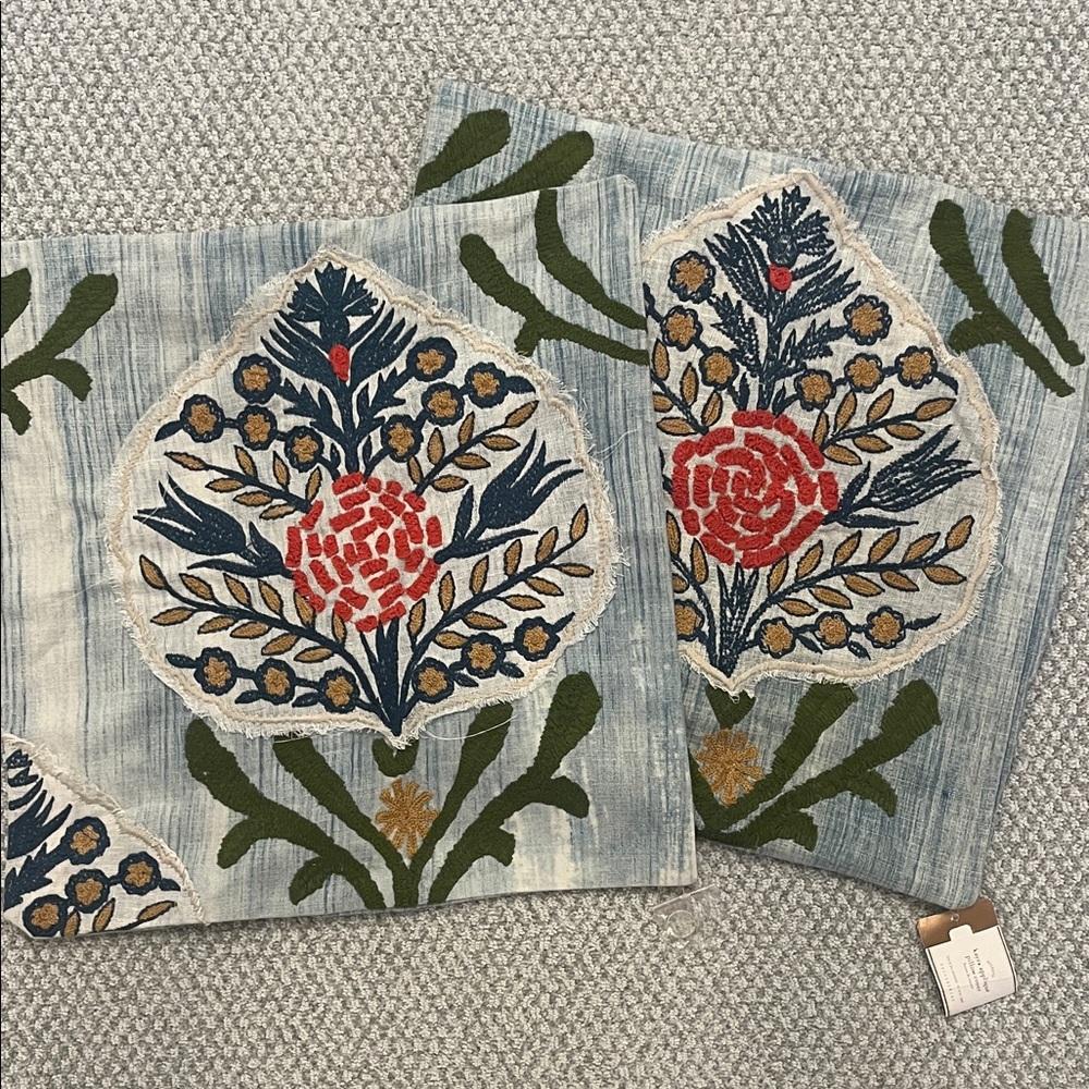 Pottery Barn Embroidered Floral Pillow Covers in Blue, Red & Green 20 in x 20 in
